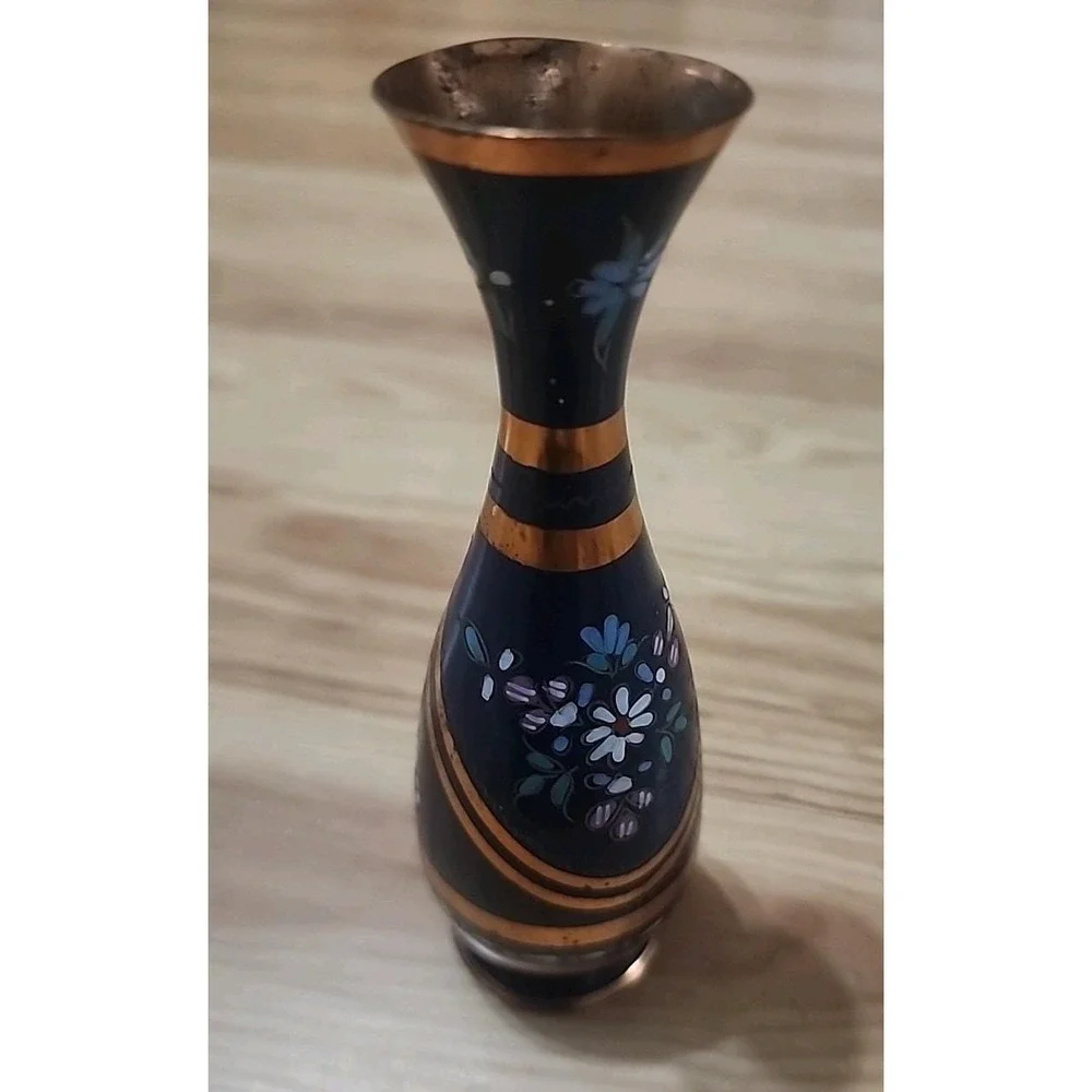Vintage Turkish Gulistan Metal‎ Hand Painted Bud Vase 6.25in Tall Floral Design